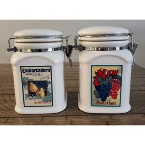 Vintage Set of 2 White Ceramic Canisters Kitchen Designpac 4"x6" Embarcadero
